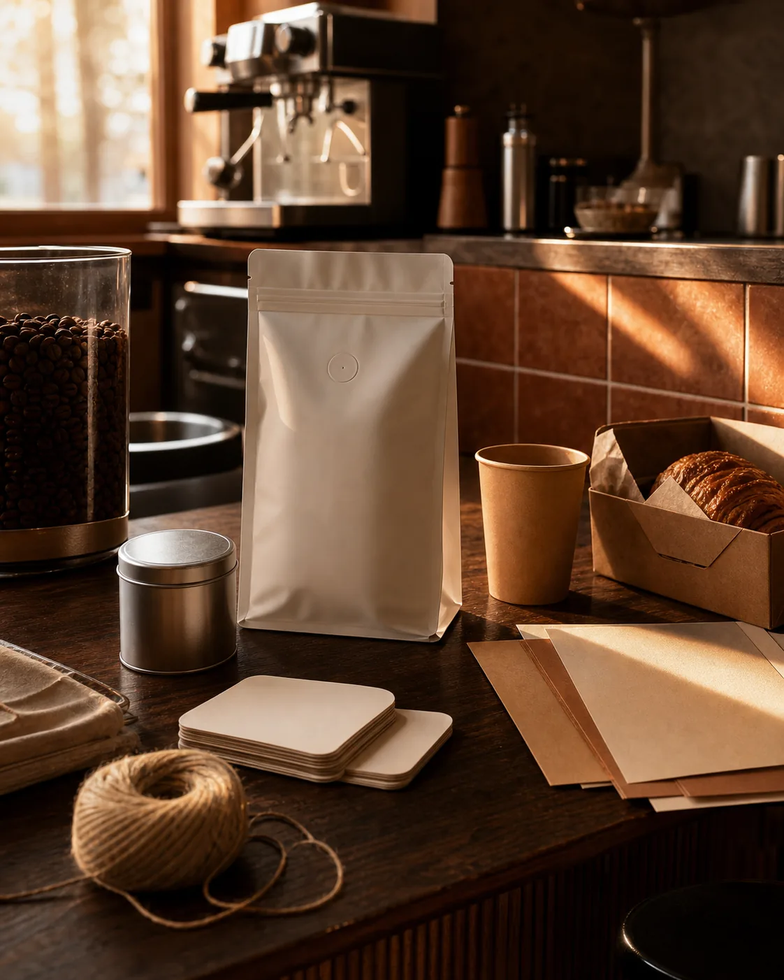 Carry one identity from the first pour to the take-home bag.